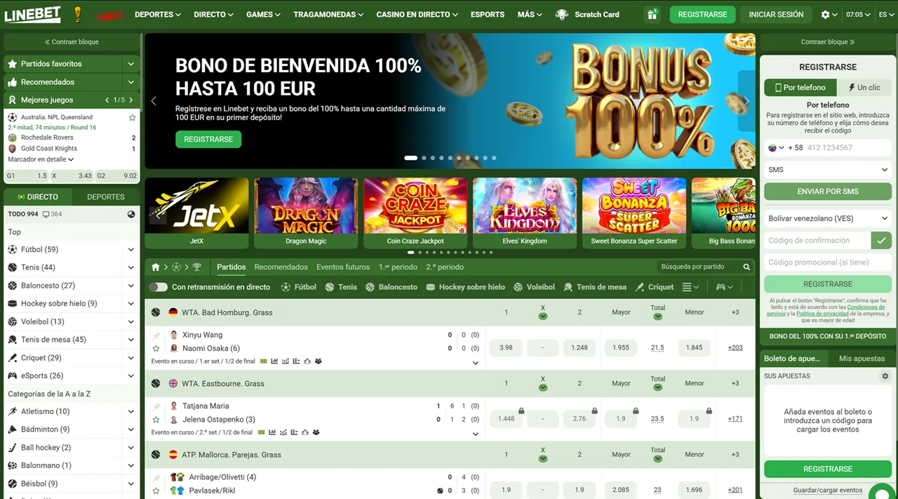 Pantalla principal de Linebet